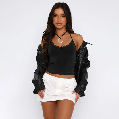 Neue Hals hängende Weste Damen Y2K Sexy Crop Top mit freiliegendem Nabel BM Strapsbasis und ärmelloses Slim Fit Top Tank Top