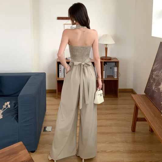 French Vintage Polyester Halter One-Piece Pants Women's Summer Business Commute High Waist Slimming Versatile Suit Long Pants.