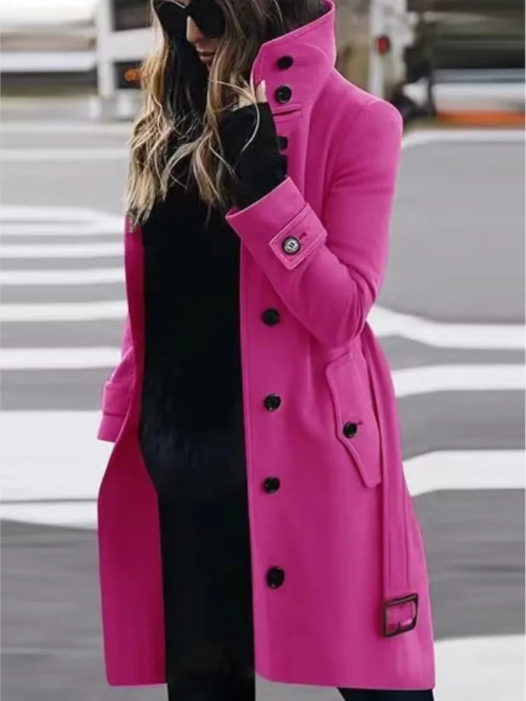 Winter drehen-unten Neck Woolen Jacke Mantel Outer Frauen Fashion Solid Langarm Einreiher Lose Wolle Mäntel Streetwear.