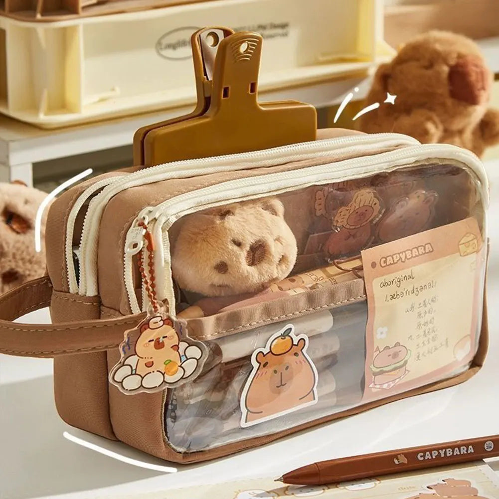 Capybara Kawaii Pencil Case with Compartments Stationary Bag Clear Pen Bag with Sticker Pendant for Office College School.