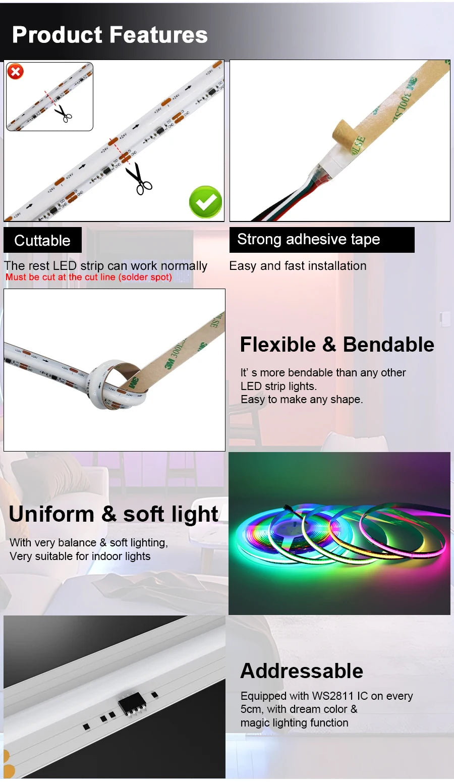 1-25M RGB Addressable COB LED Strip Light 24V WS2811 Pixel LED Strip Tuya WiFi RGBIC LED Ribbon Light Kit For TV Room decoration.