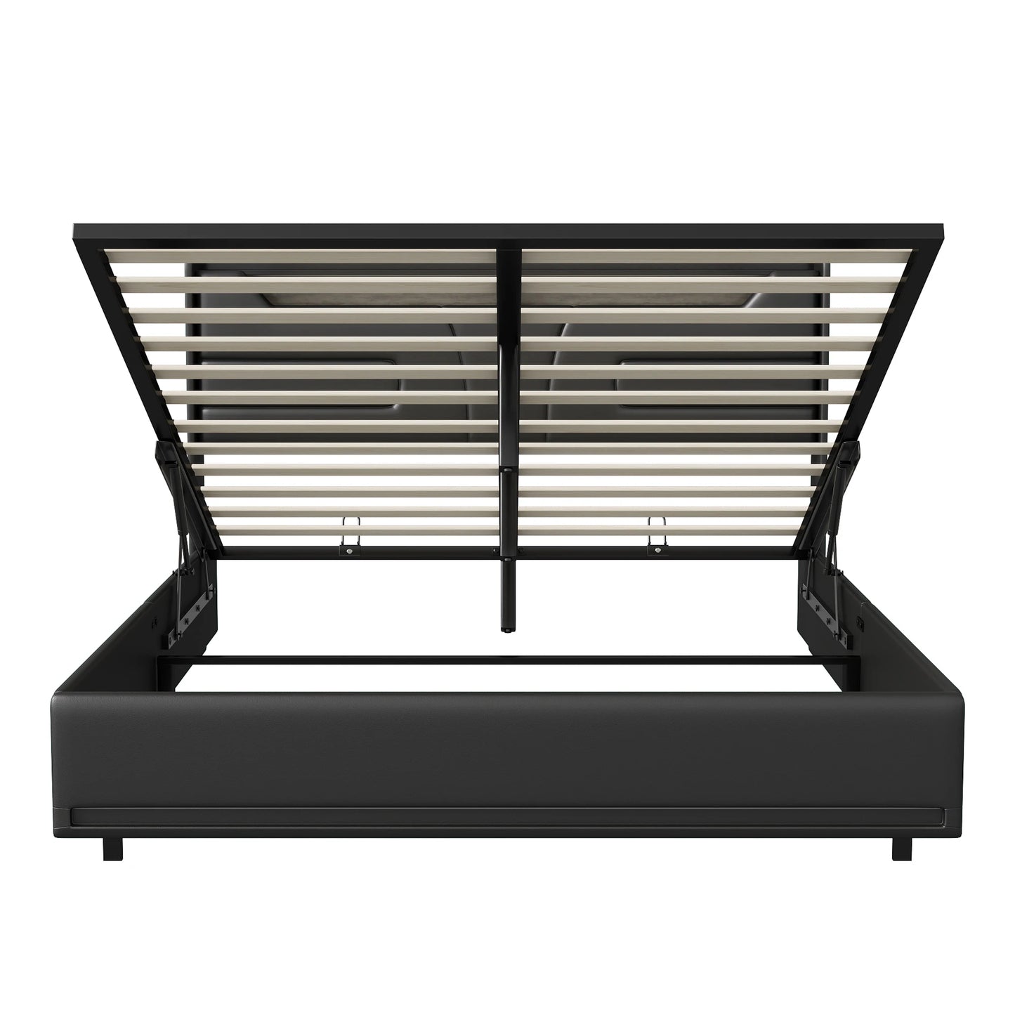 Lazyspace Modernes schwarzes PU-Polsterbett, Doppelbettrahmen, hydraulisches Bett mit Stauraum, LED-Beleuchtung und integrierter Steckdose