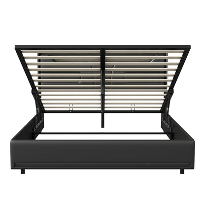 Lazyspace Modernes schwarzes PU-Polsterbett, Doppelbettrahmen, hydraulisches Bett mit Stauraum, LED-Beleuchtung und integrierter Steckdose