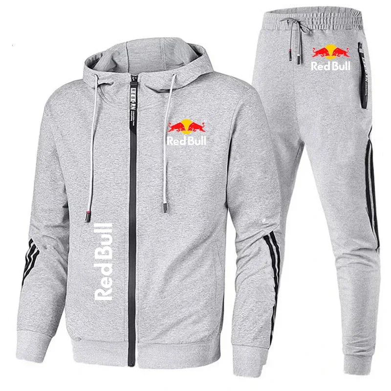 Red Bull Racing Logo Print Men Sportswear Hoodie Sets Zip Sweatshirt+Pants 2 Piece Suit Extreme Sports Custom Red Bull Tracksuit.