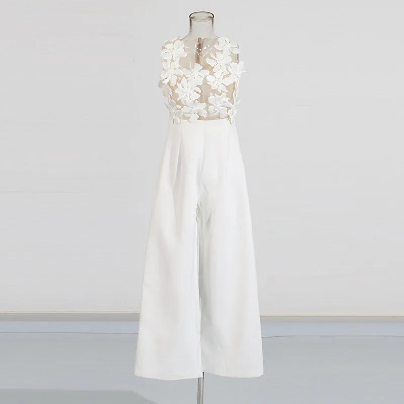 ZMEENNA Elegant White Floral Applique Jumpsuit For Women Sleeveless Wide Leg Romper With Sheer Mesh Top Perfect ZM726