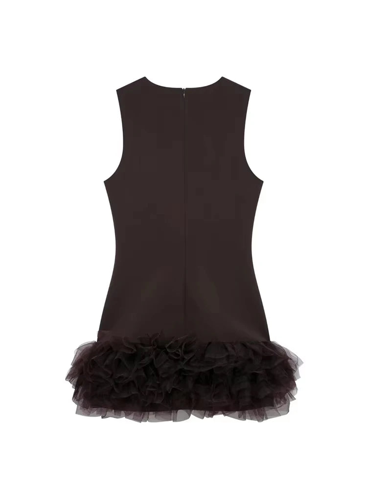 TRZA Wome Mode Mit Tüll Mini Kleid O Neck Ärmellose Zurück Zipper Weibliche Kleider Vestidos Mujer.