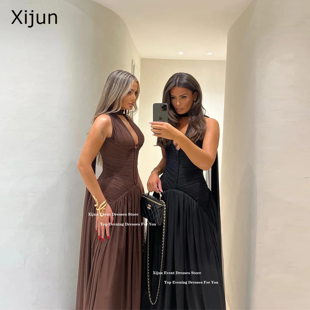 Xijun Moderne Chiffon-lange Abendkleider, Neckholder, ärmellos, A-Linie, Ballkleider, V-Ausschnitt, formelle Anlässe, Ballkleider, individuell gestaltet.