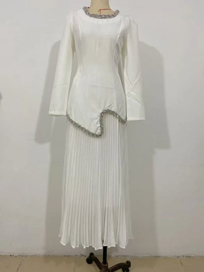 Eid Women Dress Muslim Abaya Pleated Shirt Skirt 2 Piece Set Diamond Party Ramadan Long Dresses Vestidos Largos Arab Long Robe