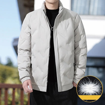 Men's winter standing collar cotton jacket with diamond grid pattern warm jacket, casual solid color fashionable simple jacket.