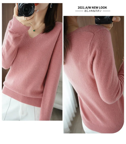 Neue Kaschmir frauen V-ausschnitt Pullover Spitze Neck Aushöhlen Design Beiläufige Gestrickte Lange Hülse frauen Pullover Herbst Und winter