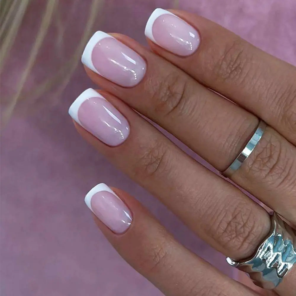 24PCS Short Square False Nails French White Edge Fake Nials Silver Flame Full Cover Press On Nails Detachable Ballerina Nail Tip.