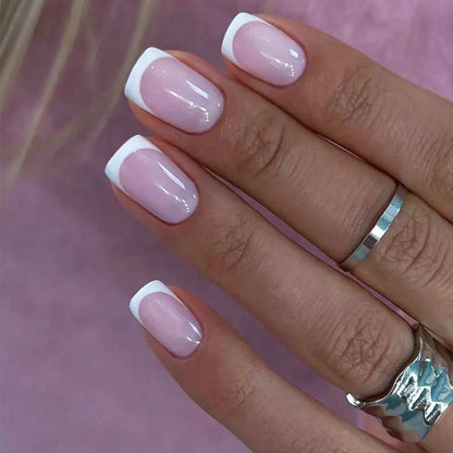 24PCS Short Square False Nails French White Edge Fake Nials Silver Flame Full Cover Press On Nails Detachable Ballerina Nail Tip.