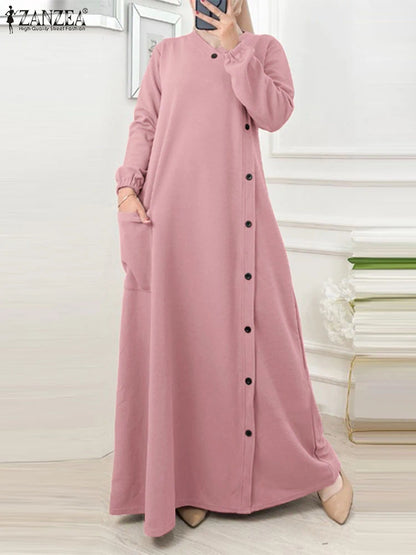 ZANZEA Muslim Casual Loose Long Dresses Textured O Neck Buttons Long Sleeve A-line Vestidos Women 2024 Islamic Hijab Abaya Robes