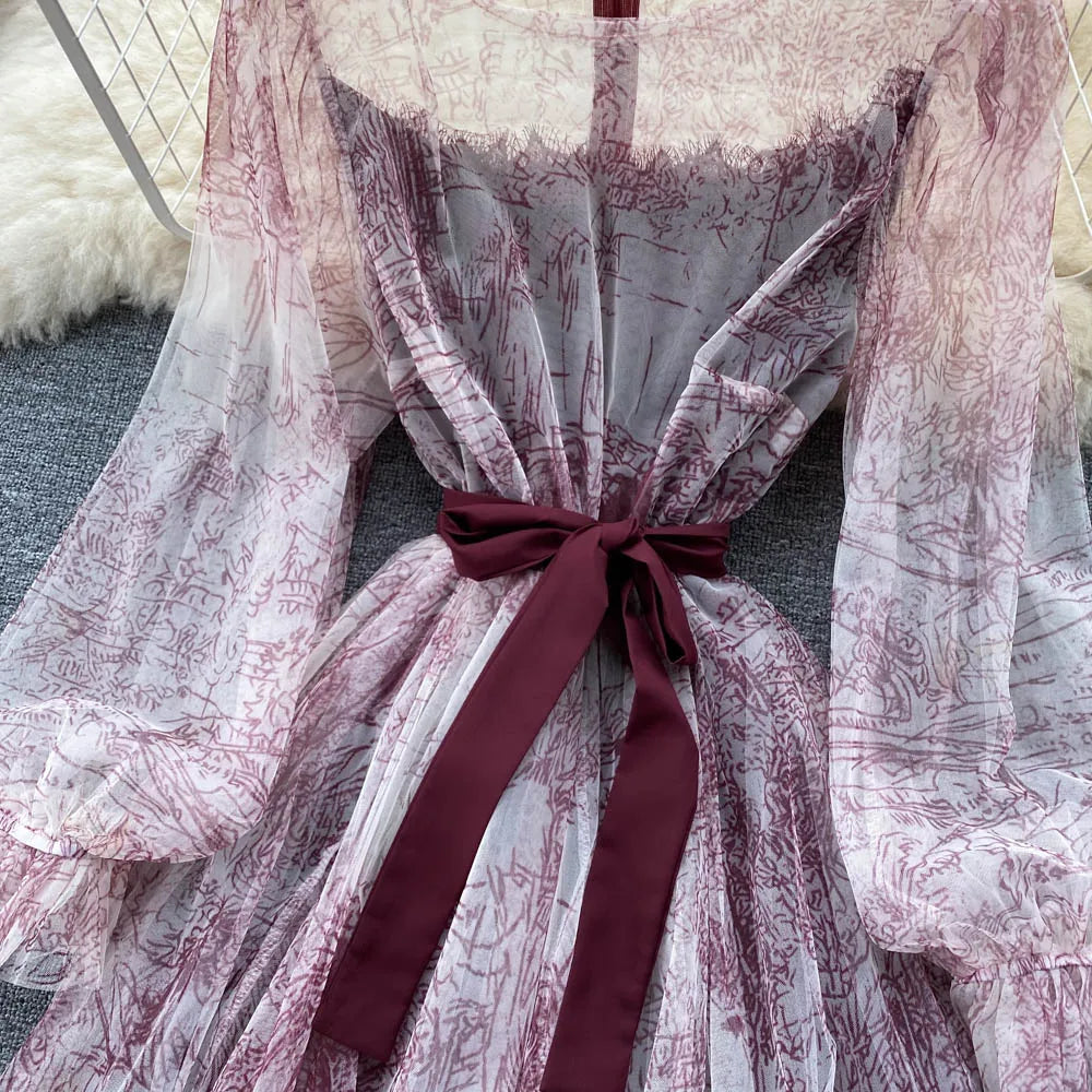 Elegante Frauen Mesh Kleid Vintage Laterne Ärmeln Gedruckt Party Kleider Frühling Sommer Patchwork A Line Bandage Strand Kleid