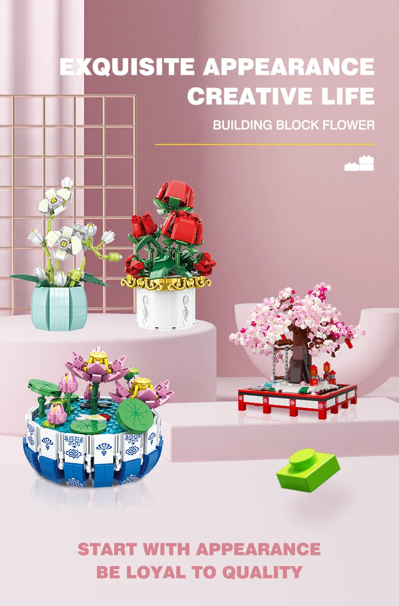 Small Bricks Flower Tree Building Block Kit DIY Home decoration Potted Plant Flower Botanical Construction Toy Girl Gift.