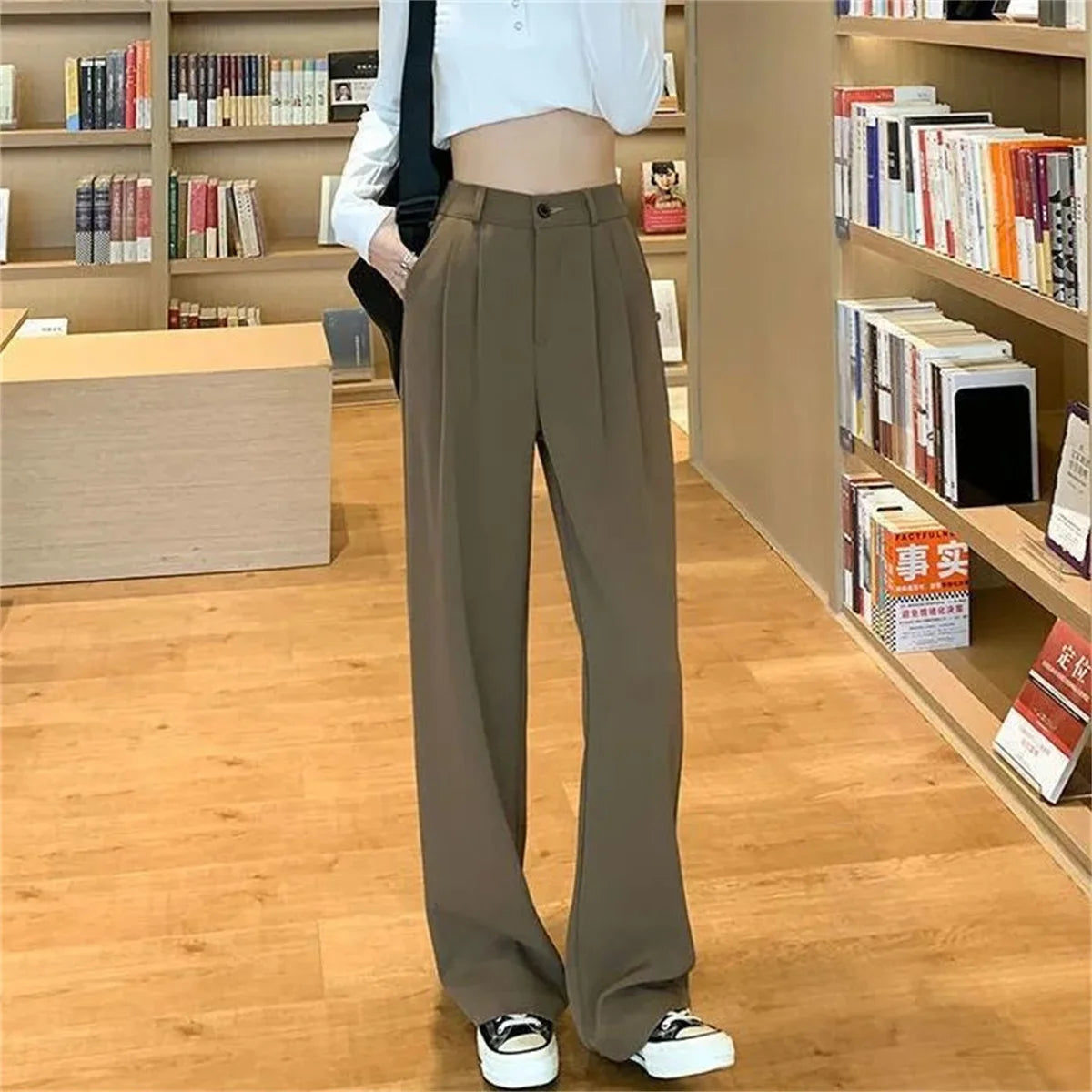 Fashion High Waist Wide Leg Pants Women Spring Fall Baggy Black Trouser Office Ladies Full Length Straight Suit Pant Outwear New.