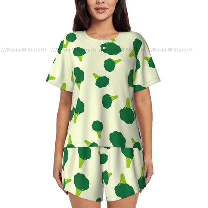 Damen-Pyjama-Set, kurzärmelig, Brokkoli-Hintergrund, Nachtwäsche, Loungewear für Sommer-Nachtwäsche.