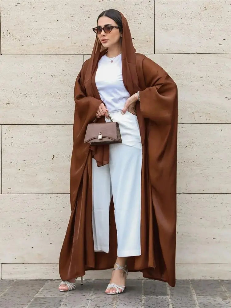 Ramadan Dubai Pink Satin Modest Open Butterfly Batwing Kimono Abaya Cardigan Islam Muslim Dress For Women Kebaya Robe Musulmane.
