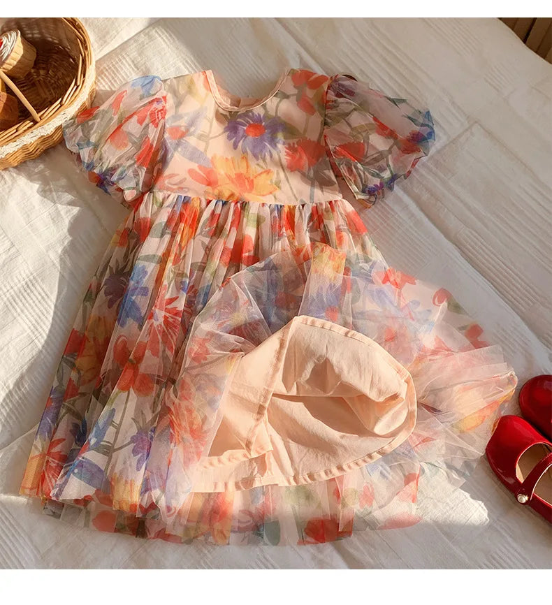 2023 sommer Kinder Kleidung Puff Sleeve Blumen Druck Kleid Für Mädchen Mesh Kinder Kleid für Mädchen.