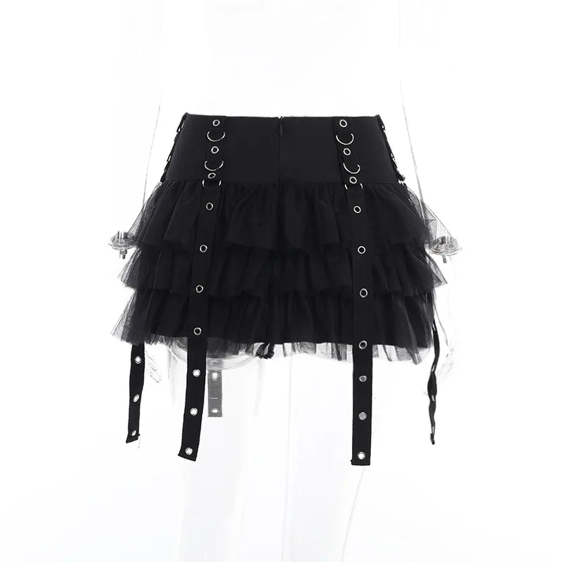 Goth Dark Ruffles Mall Gothic Mesh Splice Mini Skirts Grunge Aesthetic Harajuku Buckle A-line Skirt Punk High Waist Alt Bottoms.
