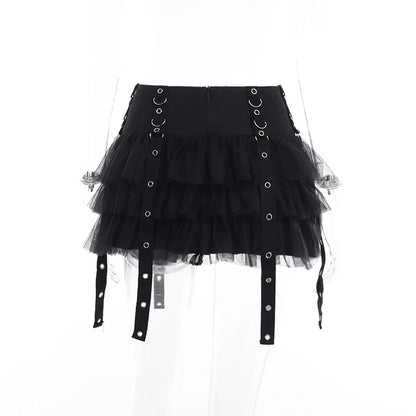 Goth Dark Ruffles Mall Gothic Mesh Splice Mini Skirts Grunge Aesthetic Harajuku Buckle A-line Skirt Punk High Waist Alt Bottoms.