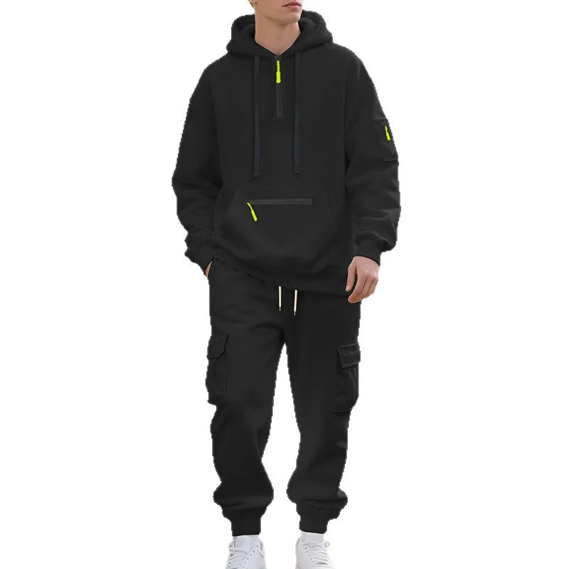 Pullover Hoodie Set Reißverschluss Multi-Pocket Pullover Herren Sport Casual Top Zweiteiliges Set.
