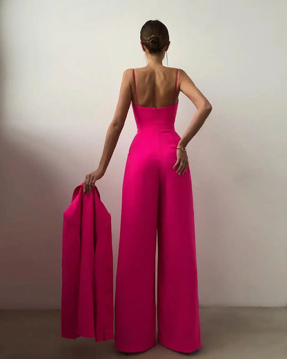 2023 Spring Chiffon Sexy Joker Solid Elegant Spaghetti Strap European and American Women's High Waist Wide Leg Jumpsuits
