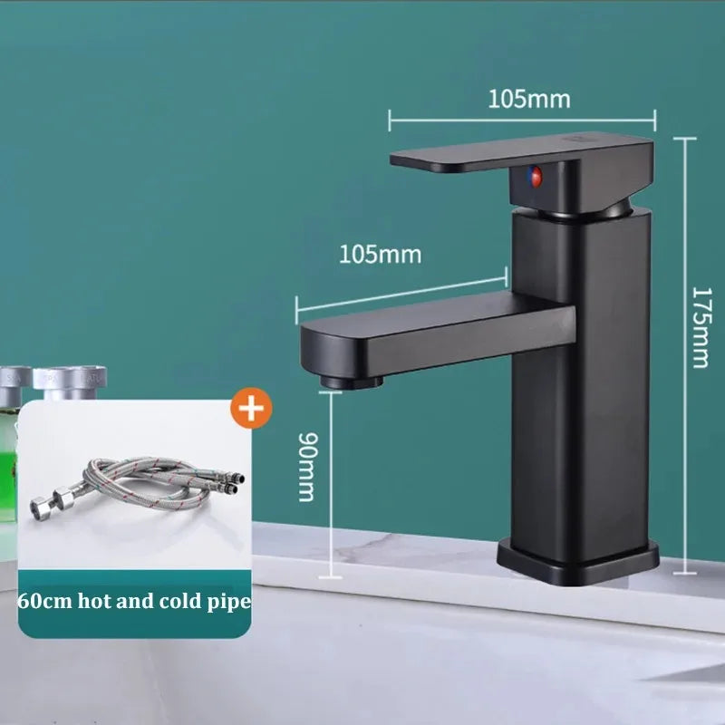 Stainless Steel Black Square Hot and Cold Dual-use Basin Faucet Home Kitchen Bathroom Cabinet Faucet