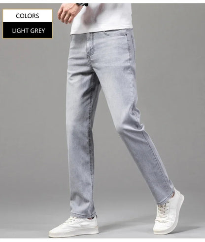 Summer Thin Men's Elastic Cotton Jeans Fashion Gray Comfortable Business Straight Casual Pants Brand Male Clothes Trousers.
