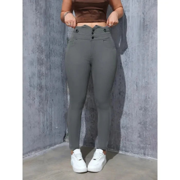 High Waist Elastic Denim Pants Slim Fit Women's Ankle Length Jeans Decorative Button Casual Fashionable Trousers