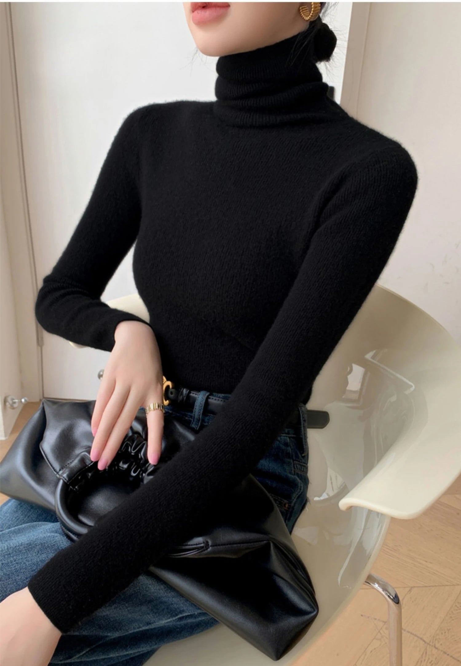 2025 herbst Winter Rollkragen Warme Jumper Lässig Feste Dünne Strickjacke Frauen Langarm Gestrickte Pullover Einfache Basis Schicht Top.