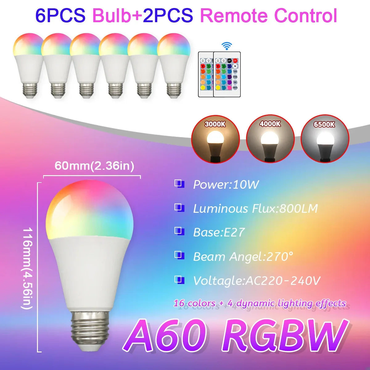 E27 RGB LED Light Bulb 220V 10W with IR Color Changing Control Remote Multicolor + White Lamp Spotlight for Bedroom Party Home.