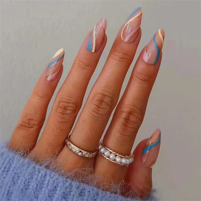 24Ps/Set White Ripple Glitter Chip Design Wearing False Nail French Full Cover Acrylic Press on Nail Almond Shape Fake Nail Tips