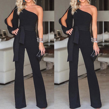 Ladies Elegant Jumpsuit  Spaghetti Straps V-Neck Solid Embroidered Lace Open Back Wide Leg Jumpsuit Long Jumpsuit Black White