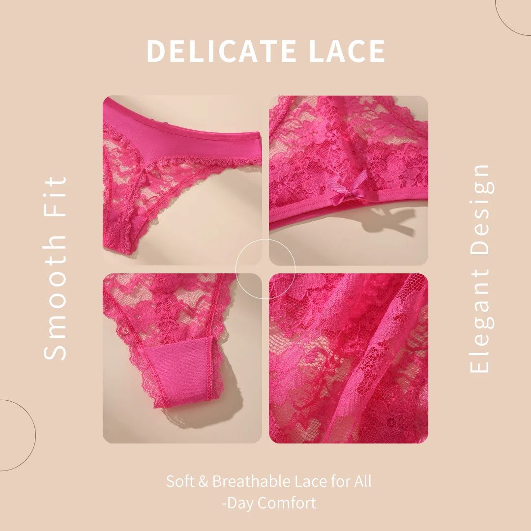 3Pcs Sexy Lace Thong Panties Women Hollow Floral Embroidery Underwear Low Waist Breathable Transparent Lingerie Briefs.