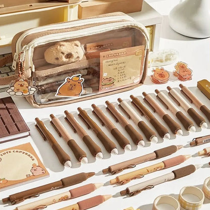 Capybara Kawaii Pencil Case with Compartments Stationary Bag Clear Pen Bag with Sticker Pendant for Office College School.