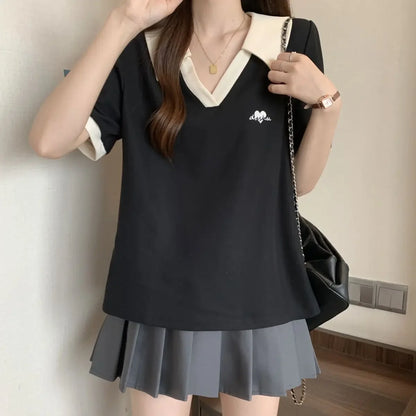 Plus Size Women's Casual Polo Neck Short Sleeve T-Shirt Slimming Belly Cover Summer Age Defying Shoulder Level Top.