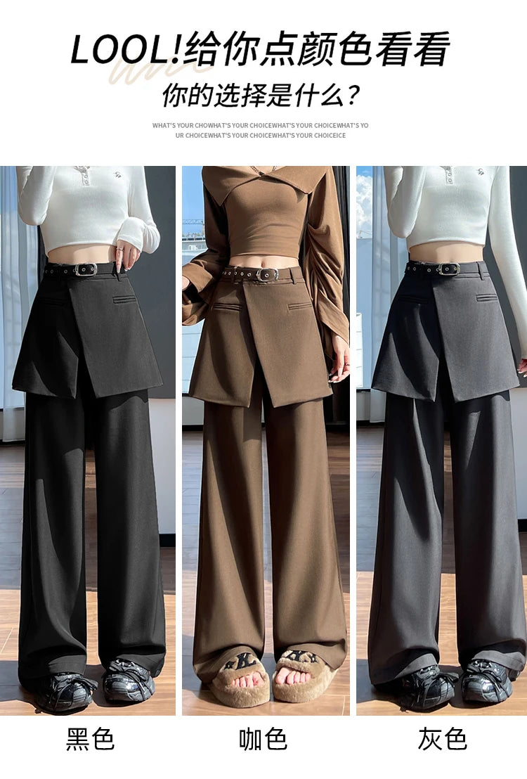 Design Style Fake Two-piece Curtain Suit Pants Women Fall High Waisted Wide Leg Trouser Office Ladies High Quality Straight Pant.