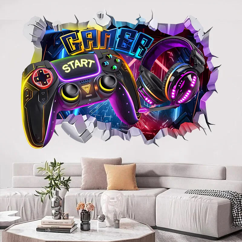 Larger Game Poster 3D Wall Hole Art Cool Gamer Zone Gamepad Vinyl Mural Stickers Home Decoration for Kids Bedroom Gaming Rooms