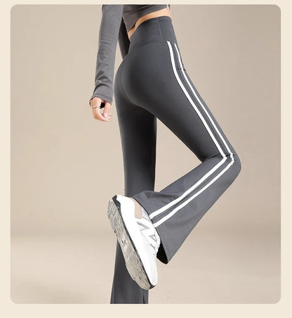 Womens High Waisted Yoga Fitness Leggings American Style Running Butt Lift Stretch Gym Workout Fashion Striped Flared Leggings.