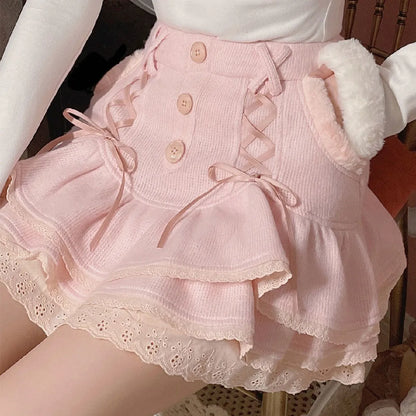 Japanese lolita kawaii clothes pink mini skirt with shorts Lace High Waist korean style women 2025 new fall White skirt fluffy.