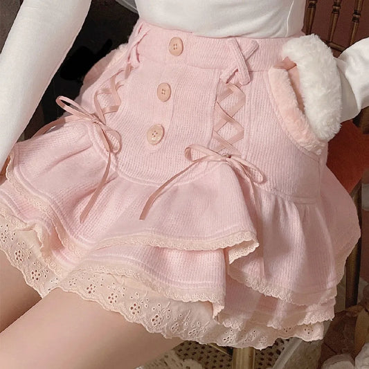 Japanese lolita kawaii clothes pink mini skirt with shorts Lace High Waist korean style women 2025 new fall White skirt fluffy.