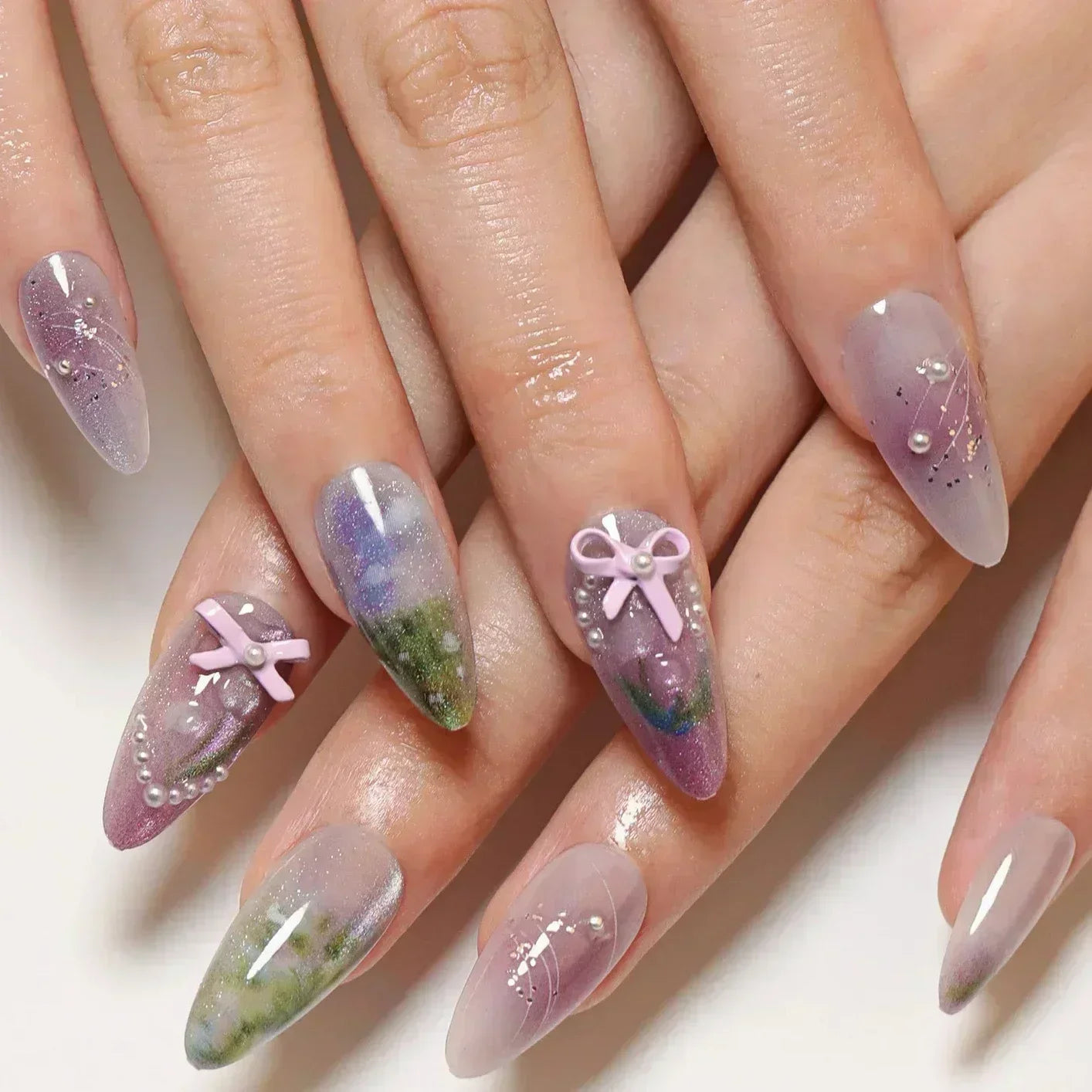 White Glitter Powder Bowknot Long Pointed Fake Nails Art Ballet False Nail Cow Print Pearl Rhinestone Pink Almond Press on Nails