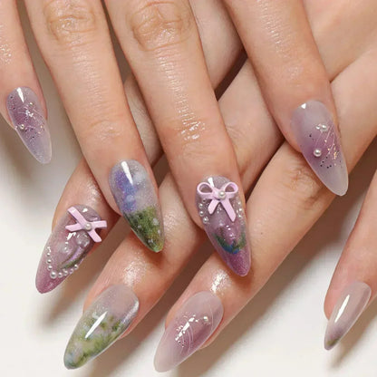 White Glitter Powder Bowknot Long Pointed Fake Nails Art Ballet False Nail Cow Print Pearl Rhinestone Pink Almond Press on Nails