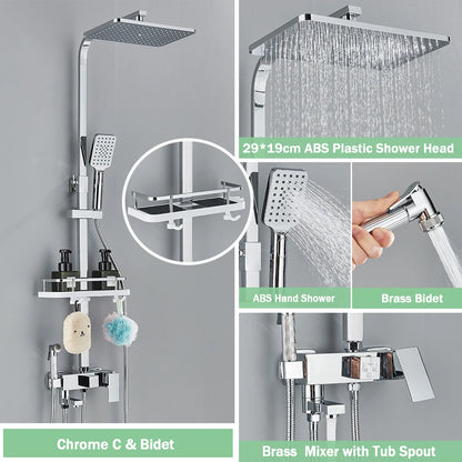 Rainfall Bathroom Shower Faucet Kit With Bidet Wall Mounted Stainless Steel Hot Cold Water Mixer Tap System With Rack,Tub Spout