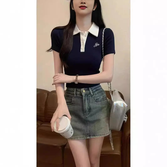 Original Quality Short Sleeve Polo Neck T-Shirt Women's Slim Fit Waist Cinched Sexy Design Casual Sweet Style Polyester Fabric.