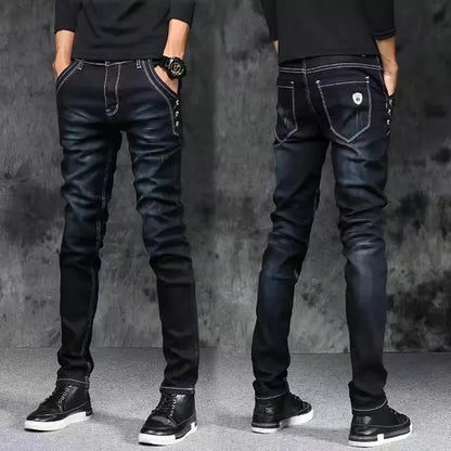 Slim Fit Men's Jeans Casual Elastic Korean Style Autumn Grey Trendy Long Pants Versatile Slim Legged Casual Trousers