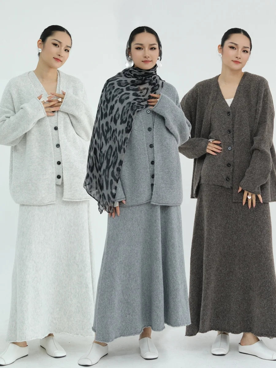 Muslim Women Dubai Abayas Dress Modest Winter Thick Knitted Set Solid Color Three Piece Set Islam Robe Femme Kaftan Clothing set.