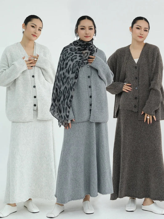 Muslim Women Dubai Abayas Dress Modest Winter Thick Knitted Set Solid Color Three Piece Set Islam Robe Femme Kaftan Clothing set.