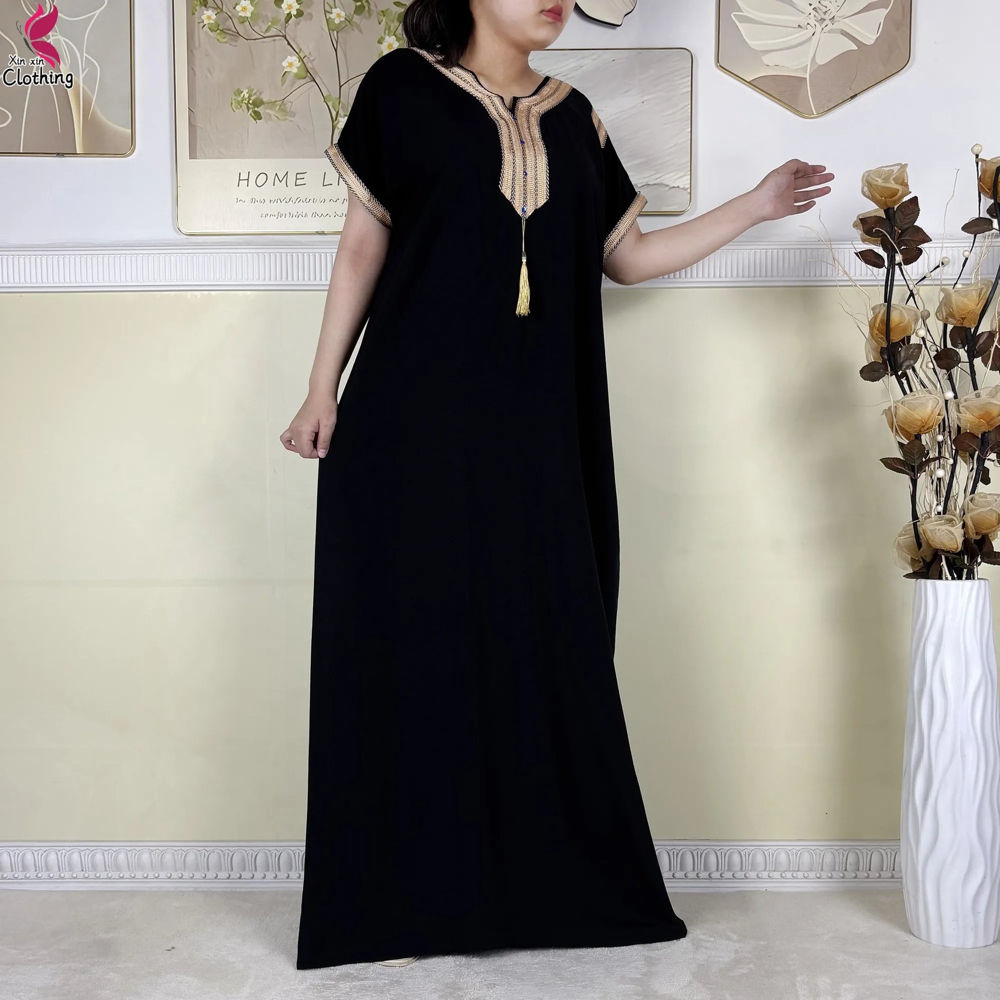 2025 Muslim Caftan Short Sleeve Dress Solid Cotton Summer Abaya African Traditional Dresses Islam for Women Casual Clothing.